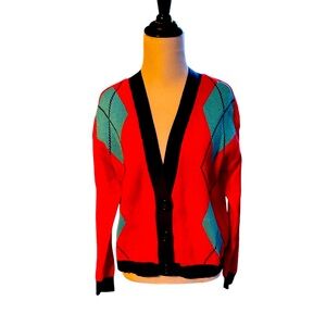 Arizona Jean Co Diamond Print Red and Blue Button Up Cotton Knit Sweater